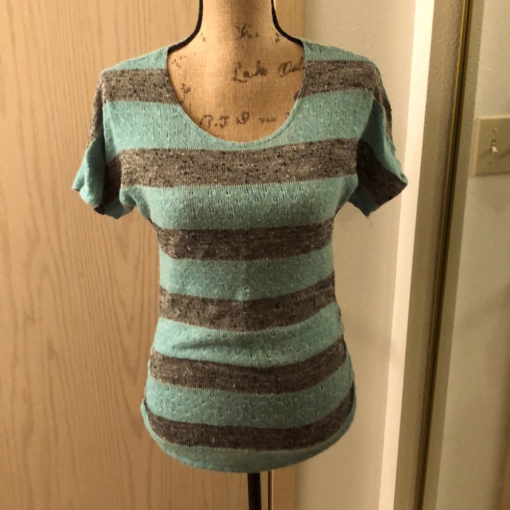 Teal and grey striped maternity short sleeve
